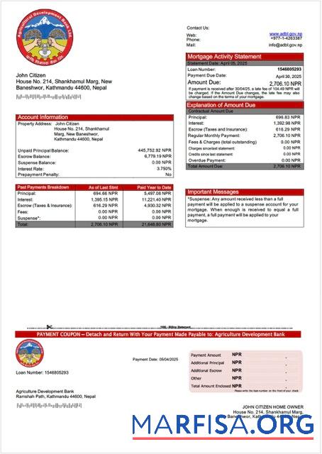 Realistic Nepal Agriculture Development Bank mortgage statement Word and PDF template